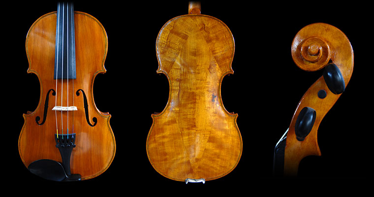 This 1733 Guarneri Del Gesu has a six-piece back of Japanese maple. The scroll and ribs are also of Japanese maple from the island of Hokkaido. The belly is of three pieces of old-growth Japanese cedar from the sacred temple-island Yakushima. This violin sounds big and very rich in harmonic overtones. 1742 Guarneri in Japanese Maple and Cedar