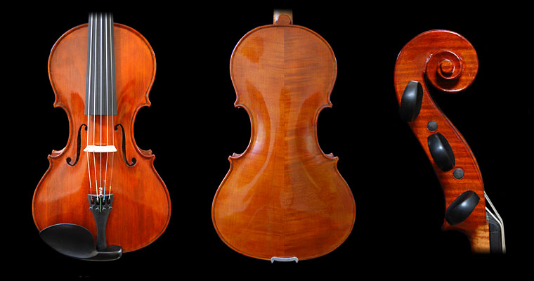 This five-string instrument has a violin string length but also has an extended lower bout and deep ribs for a more viola-like tone. 5-string violin with extended lower bout