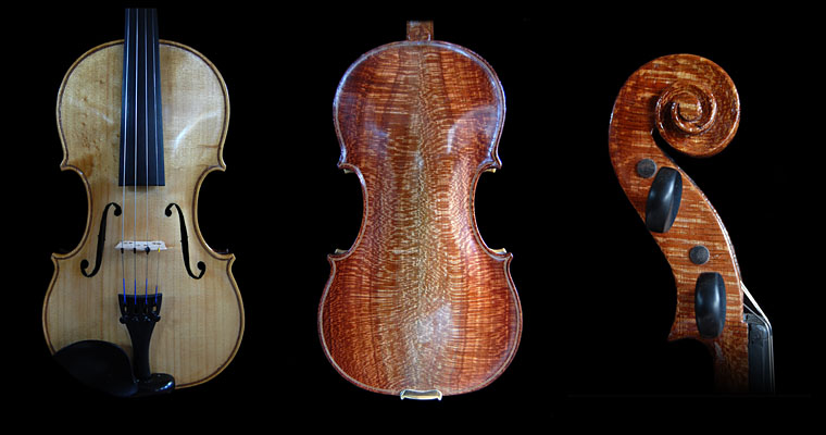 This 1733 Guaneri Del Gesu has a back and scroll of Australian Banksia wood, and a belly of Norfolk Island pine. It has a focused and clean tone. Guarneri in Bankia and Norfoli Island Pine
