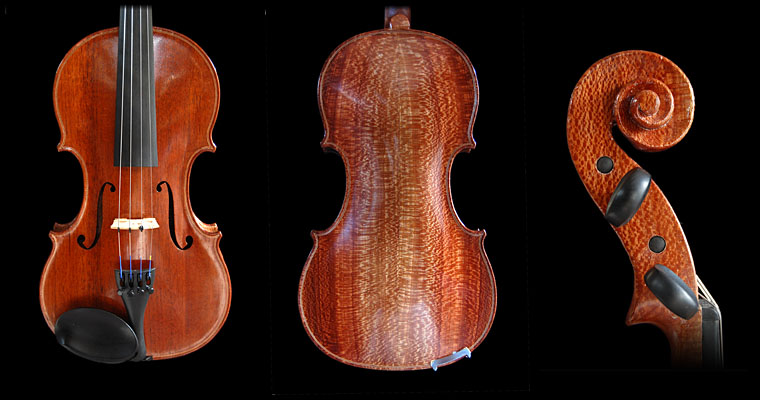 This violin is made of Australian Banksia wood with an Australian Red Cedar belly. The Red Cedar belly gives a warm and pleasant tone. Guarneri in Banksia and Australian Red Cedar